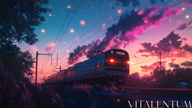 Twilight commuter train glides through luminous summer countryside