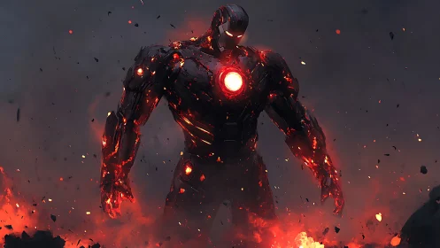 Molten armored humanoid figure in fiery debris field.