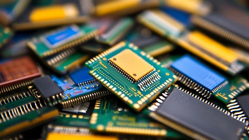 Golden microchip lounges atop a chromatic circuit scrapyard