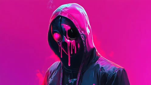 Neon magenta hooded figure with melting chrome mask in profile