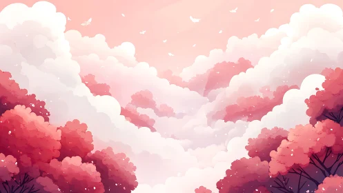 Pink cloud valley over stylized cherry forest at dawn.