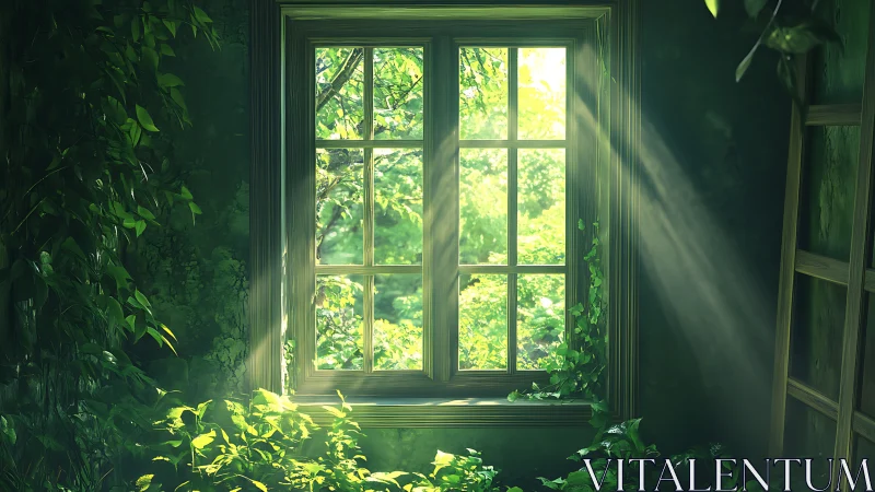 Overgrown interior window with sunlight and dense foliage.