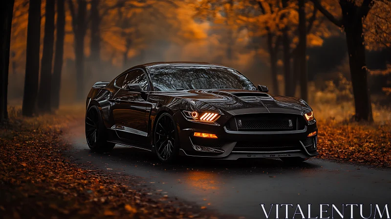 Black sports coupe on forest road in autumn light.
