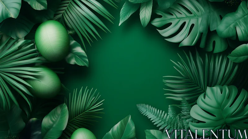 Lush green leaves framing a calm tropical escape scene.