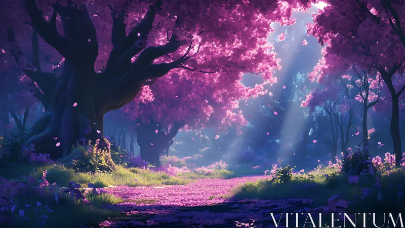 Luminous Forest Path Through Magenta Bloom.