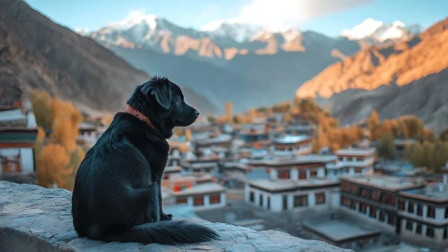 Mountain village sunrise with a thoughtful black dog friend.