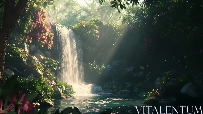Volumetric-lit jungle waterfall with dense foliage and floral overgrowth