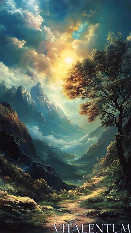 Sunlit valley trail beneath storybook stormcloud heavens.