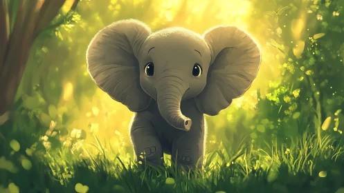Sunlit forest wanderer, baby elephant wrapped in gold glow.