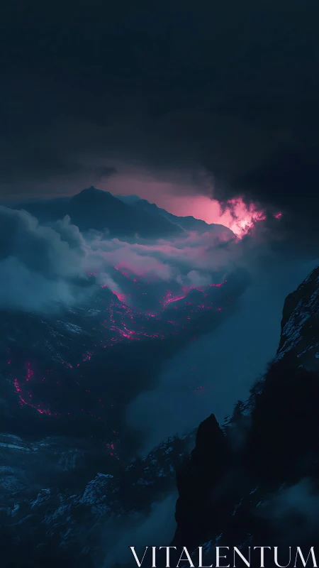Neon magma river glows beneath stormy mountain clouds.