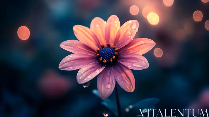 Vibrant Pink Daisy with Water Droplets in Bokeh Lighting