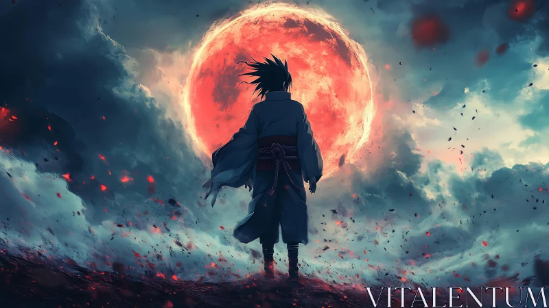 Solitary anime warrior before vast red eclipse sky.