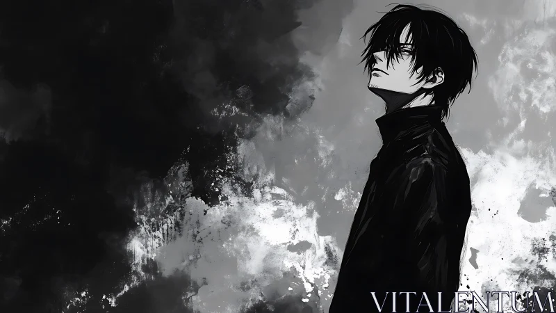 Solitary dark haired figure stands amid abstract monochrome storm