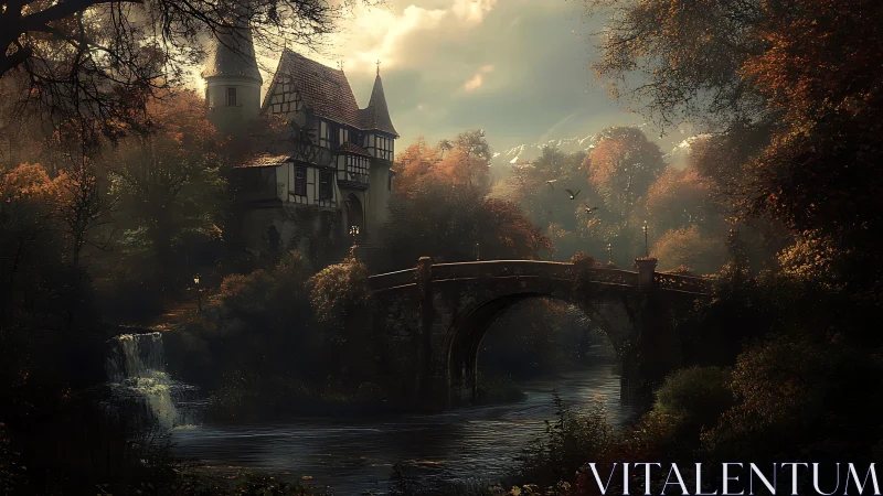 Riverside stone arch bridge below mistlit neo-gothic manor