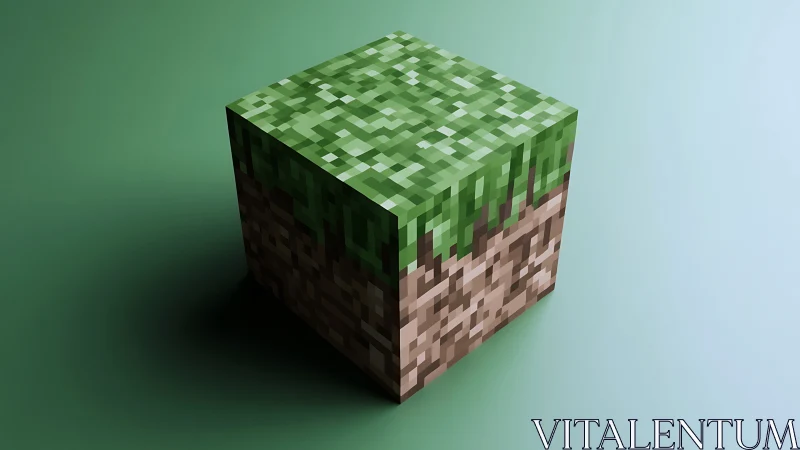 Pixel grass block drifts in soft studio light, quietly iconic.