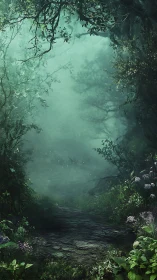 Ethereal Forest Path Through Misty Green Woodland.