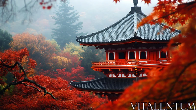 Crimson maple tides cradle a mist-veiled Japanese pagoda