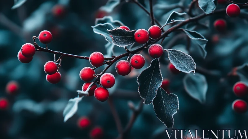 Crimson frost berries gleam against deep teal winter leaves.