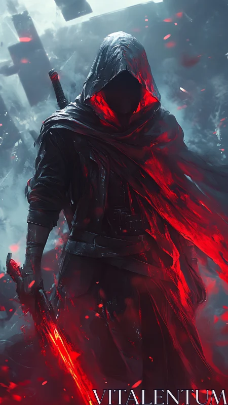 Hooded cyber warrior with molten red energy blade in dynamic mist