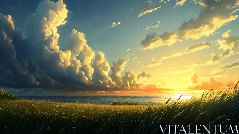 Sunset clouds over coastal field with glowing horizon.