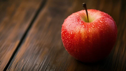 Red apple with dewdrops on rustic wooden tabletop surface.