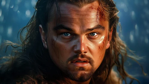 Battle-worn man stares ahead with intense, piercing focus.