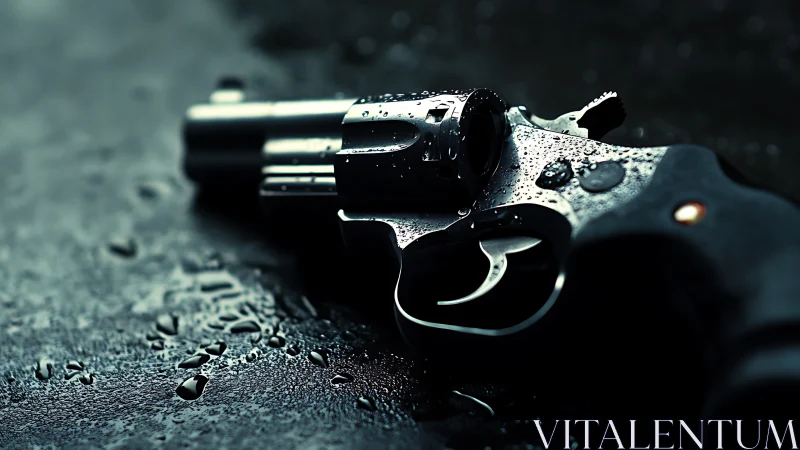 Gleaming revolver rests on wet pavement in quiet close-up