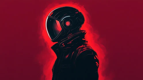 Lone neon voyager in a crimson glow of quiet sci fi mystery.