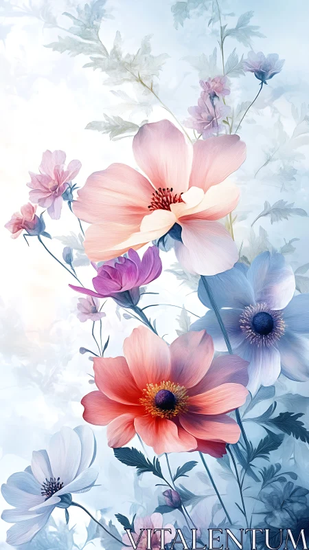 Watercolor Floral Composition with Pink and Blue Blooms