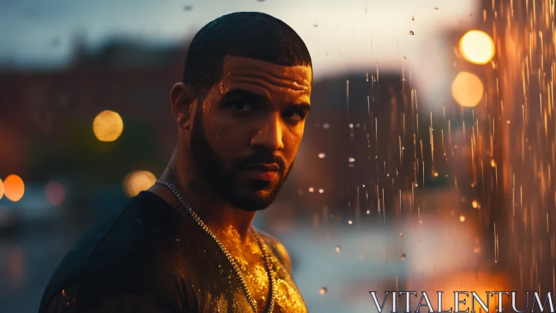Male subject in urban rain with evening city lights.