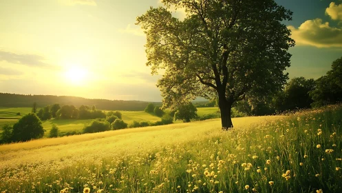 Sunlit tree stands in sloping meadow under low evening sun