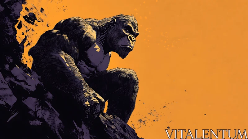 Giant gorilla perched on rocky cliff against orange sky.