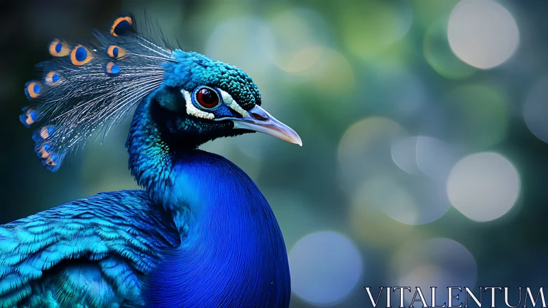 Side-profile macro of iridescent peafowl plumage under shallow DOF