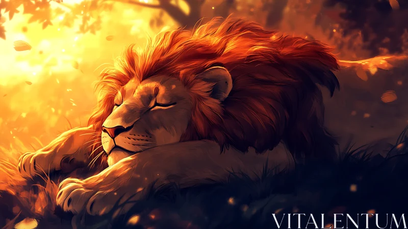 Majestic lion naps in glowing golden forest light.