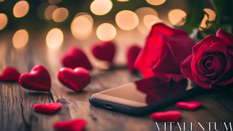 Red roses, hearts, smartphone on wooden table with warm bokeh