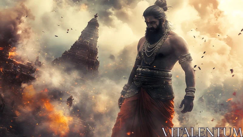 Mythic warrior amid burning temple ruins and swirling embers