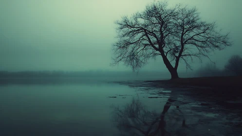 Solitary bare tree mirrored on misty cyan lakeshore twilight.