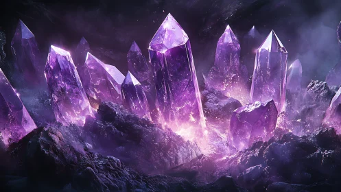 Purple crystal formations rise from rocky cavern floor