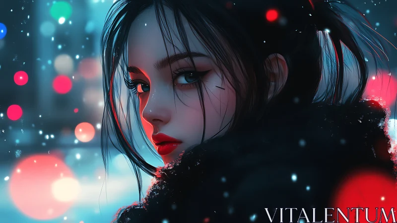 Digital portrait of woman in winter city lights at night.