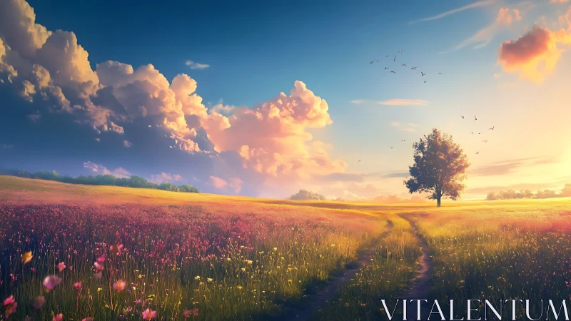 Lone tree in vivid sunset meadow under glowing clouds.