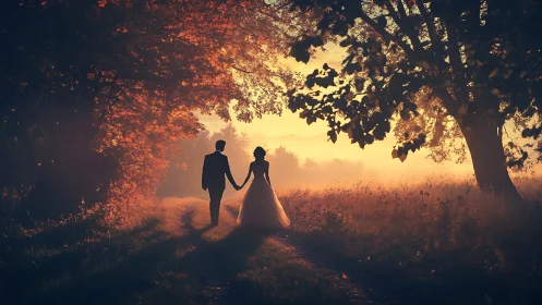 Silhouetted wedding couple walks through golden backlit forest
