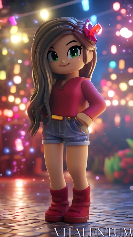 Stylized girl avatar stands on glowing cobblestone street