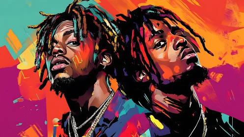 Two stylized male portraits rendered in bold neon colors