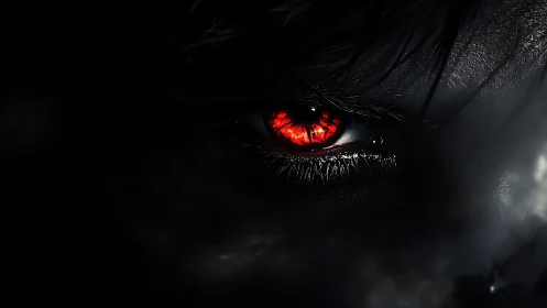 Luminous crimson eye emerging from deep monochrome shadowed void.