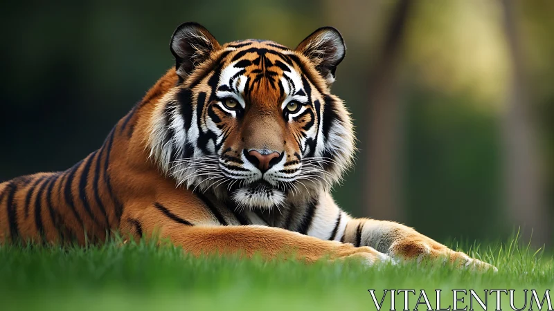 Resting Bengal tiger lies alert on vibrant forest grass