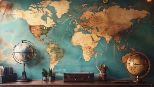 Cozy travel nook with vintage world map and warm globes.