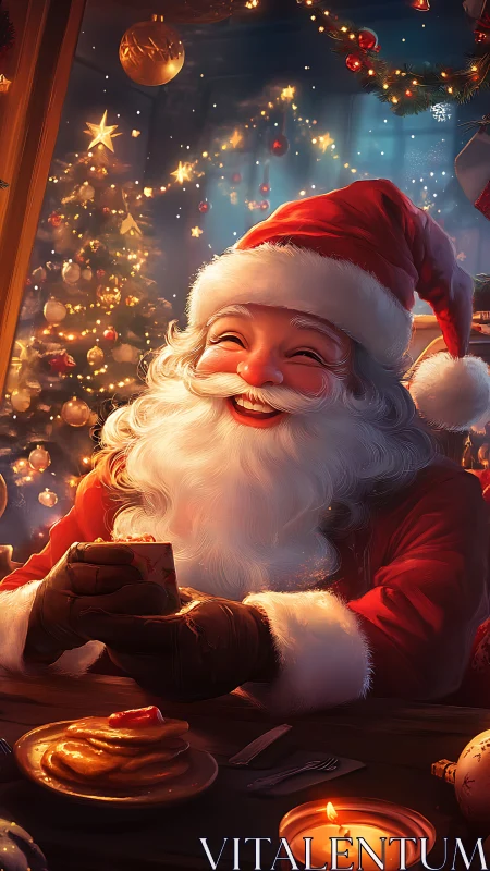 Smiling Santa savors hot cocoa by a glowing Christmas tree