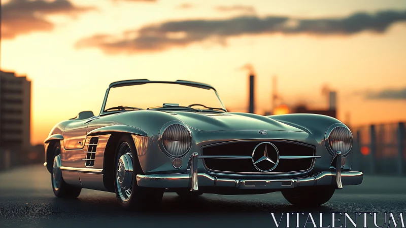 Sunset drive with a timeless silver classic roadster.