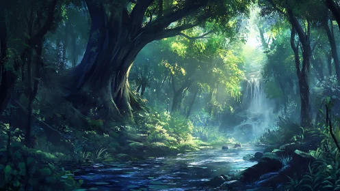 Forested stream with waterfall amid dense vegetation.