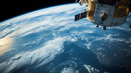 Earth horizon curves below orbiting satellite in bright daylight